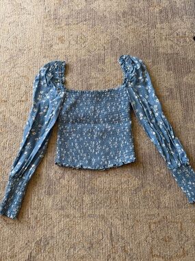 Reformation Blue Floral Smocked Square-Neck Crop Top